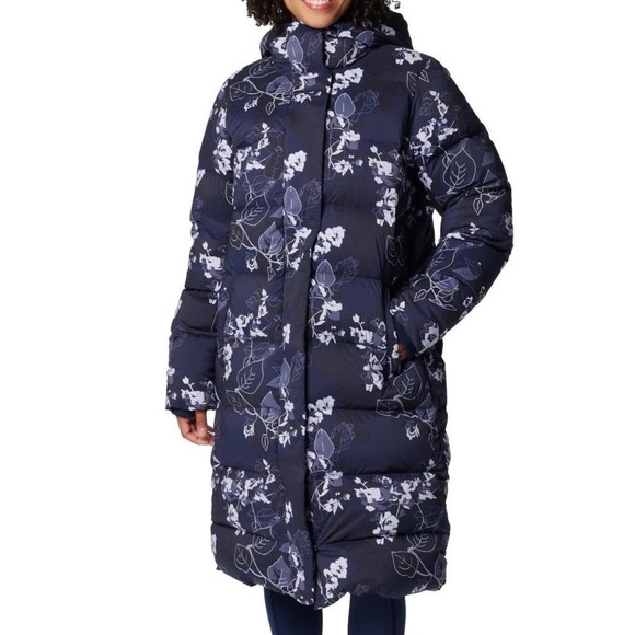 Columbia Women Boundless Days Print Long Down Jacket Navy Floral MEDIUM NWT $280 - Picture 1 of 13